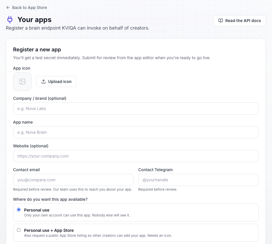 The Register a new app form in the KVIQA developer console: an App icon uploader, optional Company / brand field, App name, optional Website, Contact email and Contact Telegram fields marked required before review, and a Where do you want this app available section with two radio options, Personal use and Personal use + App Store.