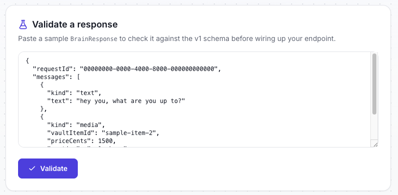 The Validate a response tool in the KVIQA app editor: a text area containing a sample BrainResponse JSON with a requestId and a messages array holding a text bubble and a media bubble with a vaultItemId and priceCents, above a Validate button.