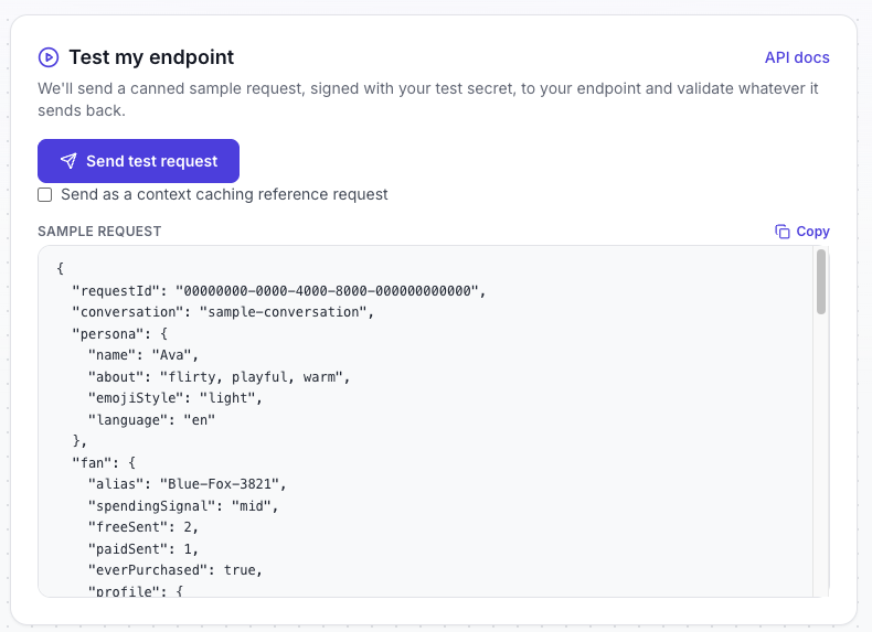 The Test my endpoint tool in the KVIQA app editor with a Send test request button and a Send as a context caching reference request checkbox, showing a sample request JSON with a requestId, a persona block for Ava, and an anonymized fan block with an alias Blue-Fox-3821, a spending signal, and free and paid message counts.