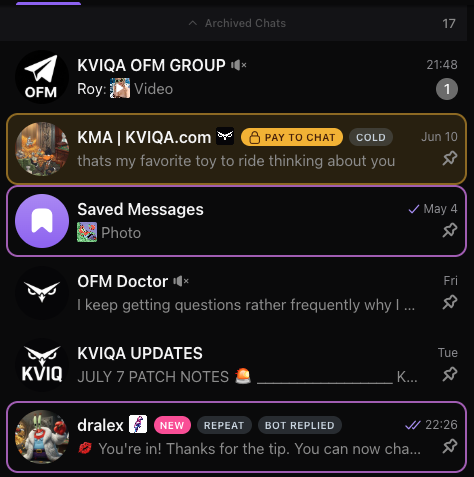 KVIQA chat list with a yellow PAY TO CHAT lock badge on customers who have not tipped yet, and an unlocked conversation showing a 'You're in! Thanks for the tip' message.