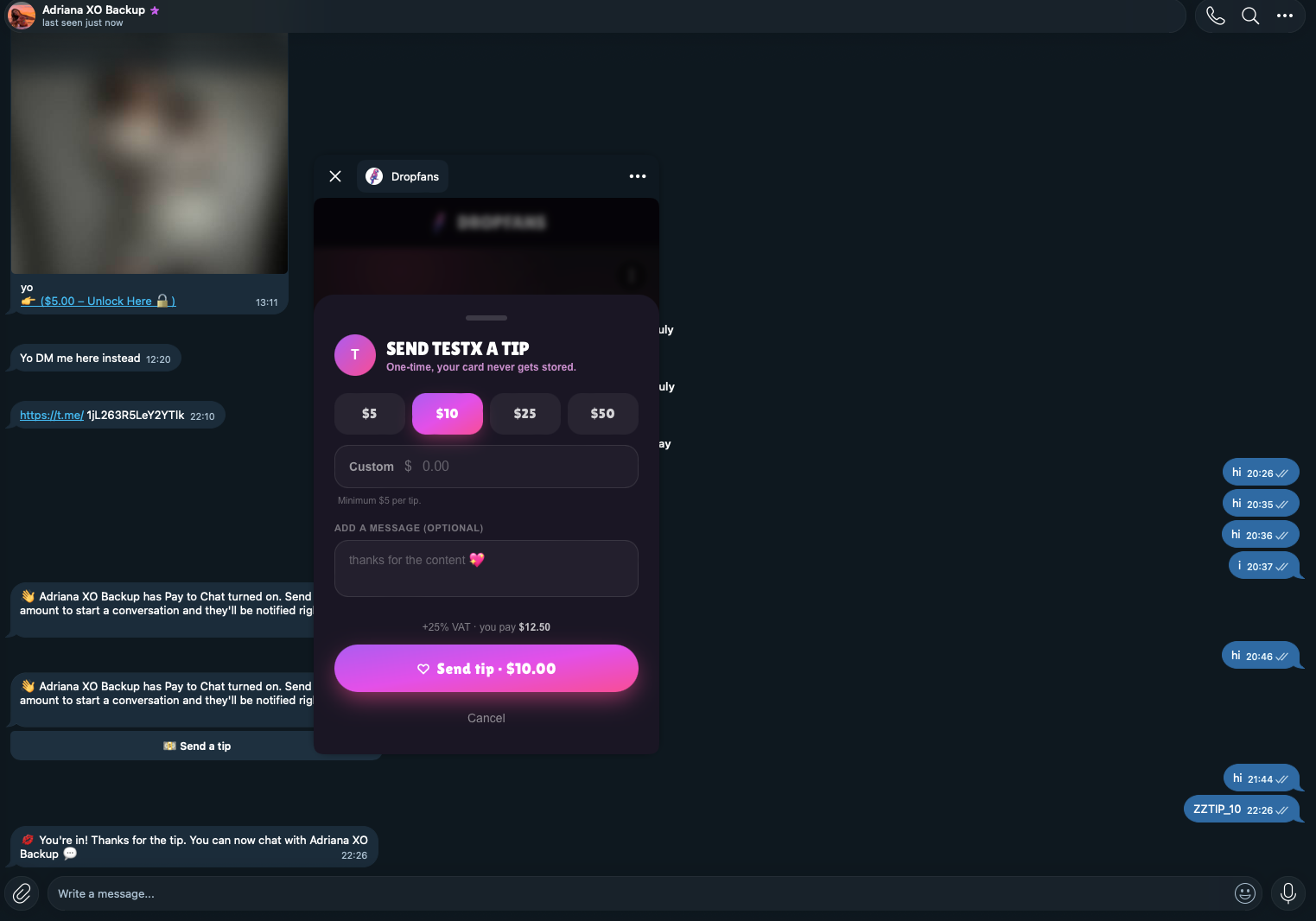The full Pay to Chat flow in Telegram: the gate prompt with a Send a tip button, the Dropfans tip sheet with preset amounts ($5/$10/$25/$50) and a custom field, and the 'You're in! Thanks for the tip. You can now chat' unlock confirmation.