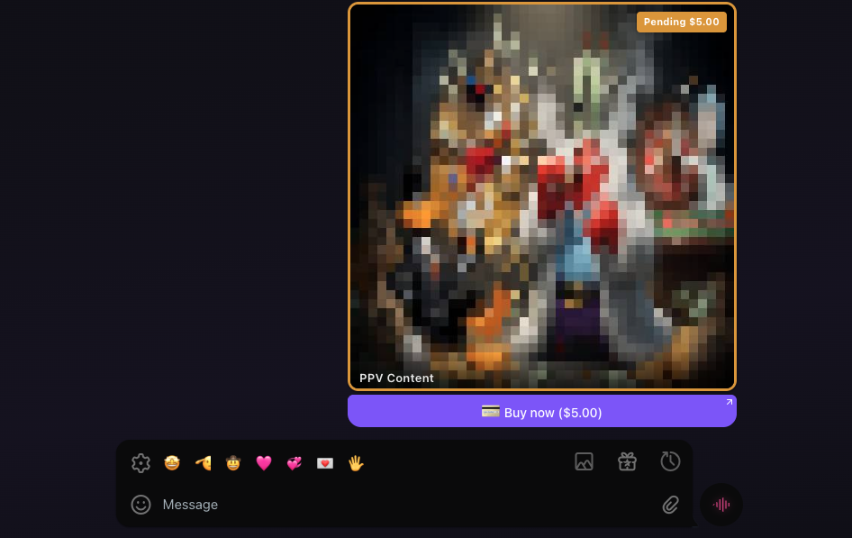 Sender view inside KVIQA: a blurred PPV bubble with a Pending $5.00 tag and a big purple Buy now ($5.00) button welded under it.