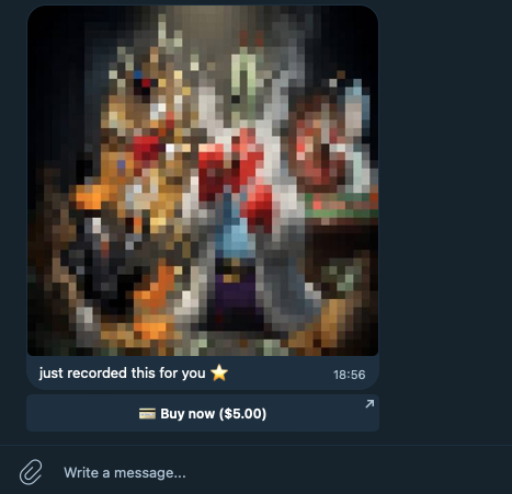 Fan side: the same blurred photo bubble in Telegram with a Buy now ($5.00) button below the image, a credit-card emoji on the left and an external-link arrow on the right.