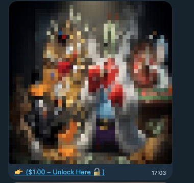 Old PPV path: a blurred Telegram photo bubble with a thin text caption underneath reading 👉 ($1.00) — Unlock Here 🔒, no button.