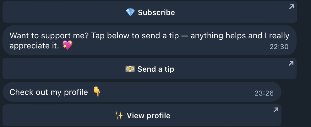 The fan's Telegram chat view: a Subscribe button, a tip message with a Send a tip button, and a profile message with a View profile button — all sent from the KVIQA Composer.