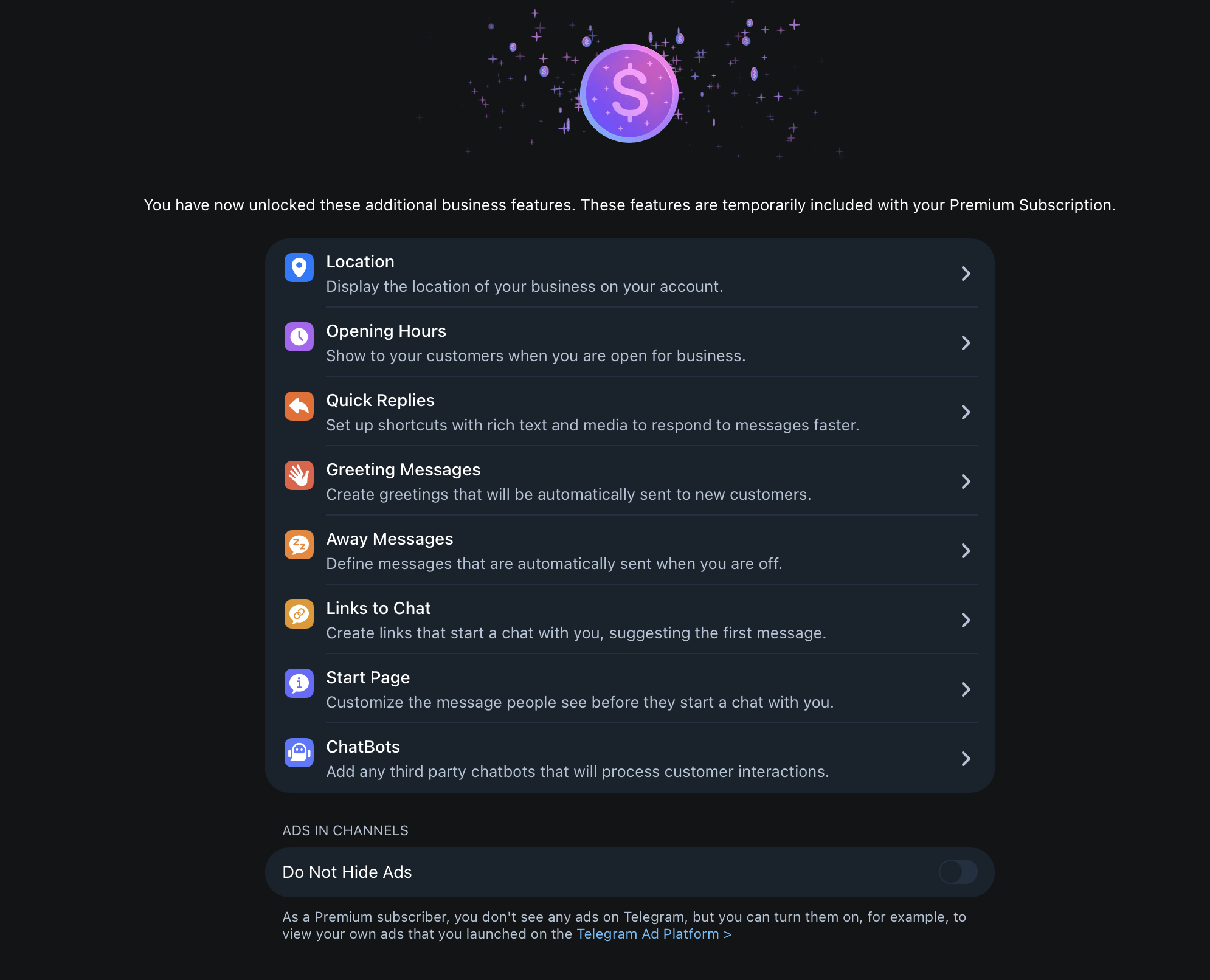 The Telegram Business unlocked-features list showing ChatBots at the bottom.