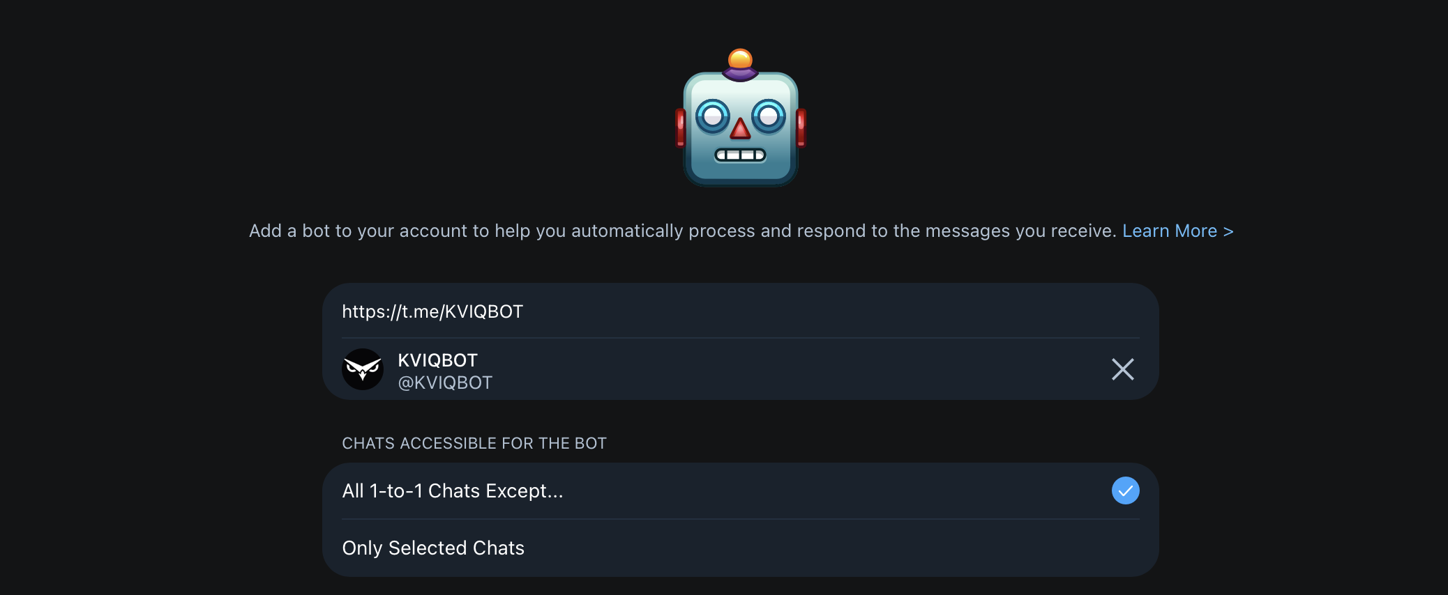 The ChatBots screen with KVIQBOT being added and All 1-to-1 Chats Except… selected.