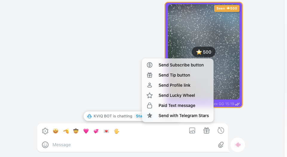 The KVIQA composer gift menu with Send Subscribe button, Send Tip button, Send Profile link, Send Lucky Wheel, Paid Text message, and the new Send with Telegram Stars option.