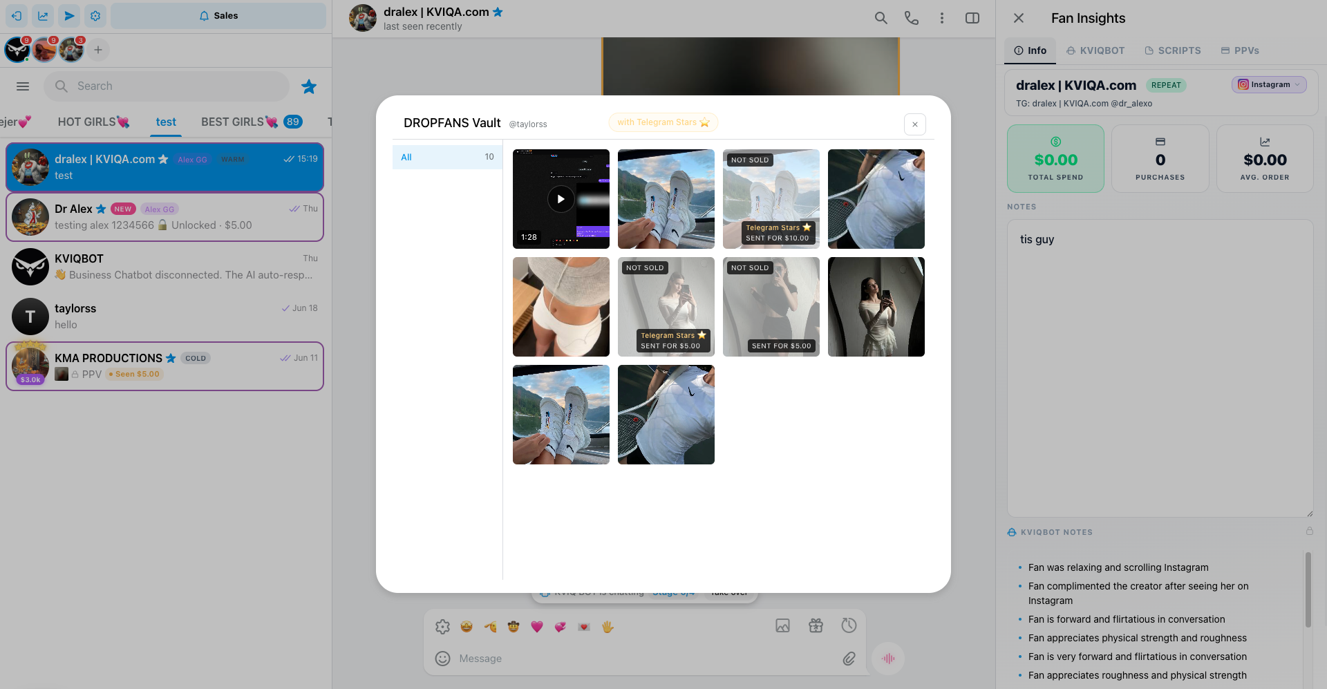 The Dropfans vault opened in Telegram Stars mode, showing the with Telegram Stars chip in the header and tiles labeled Telegram Stars above their Sent for $10.00 and Sent for $5.00 badges.
