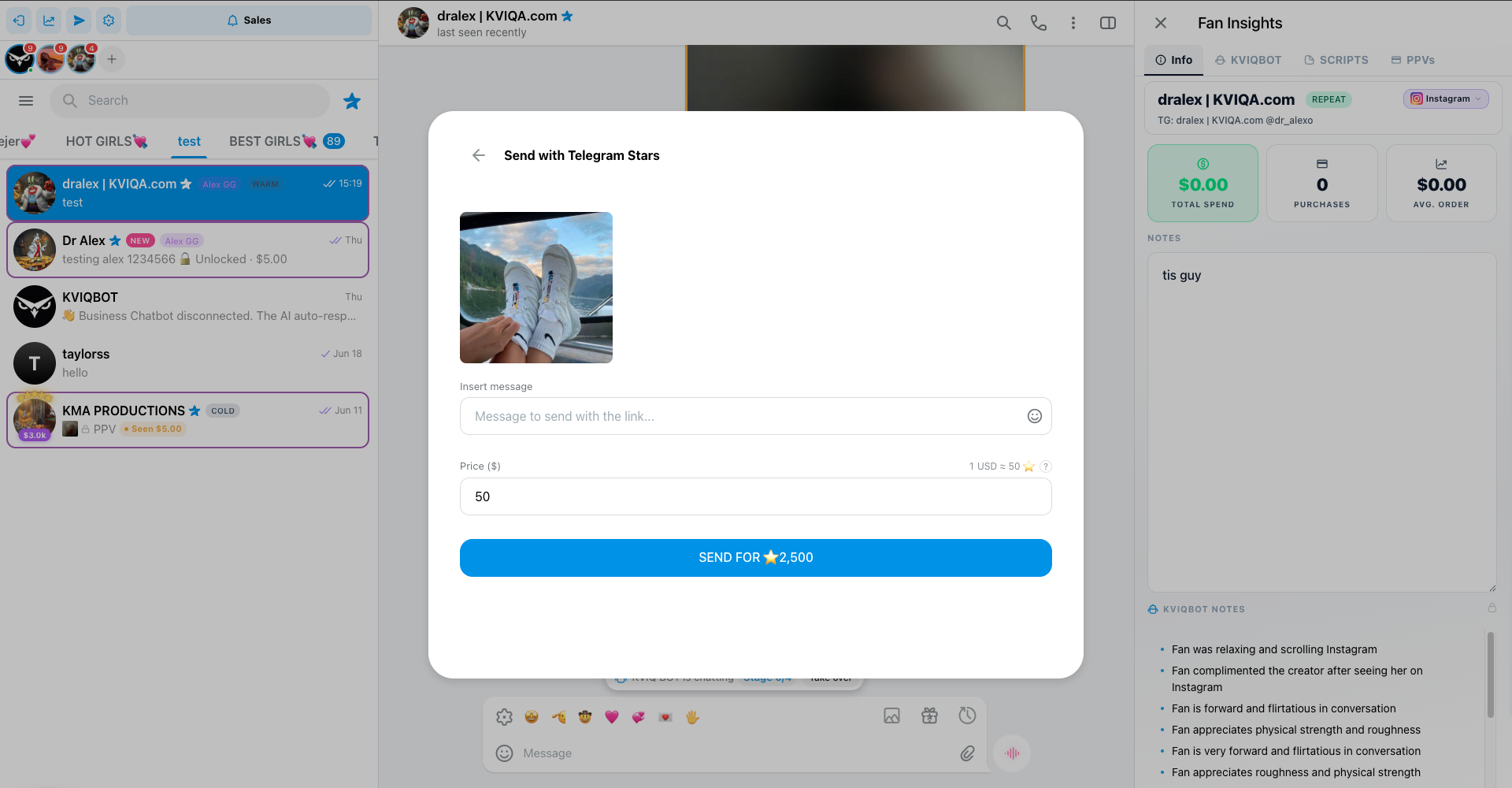 The Send with Telegram Stars form: a selected vault photo, a message field, a Price field showing $50 with the 1 USD equals 50 Stars hint, and a SEND FOR 2,500 Stars button.