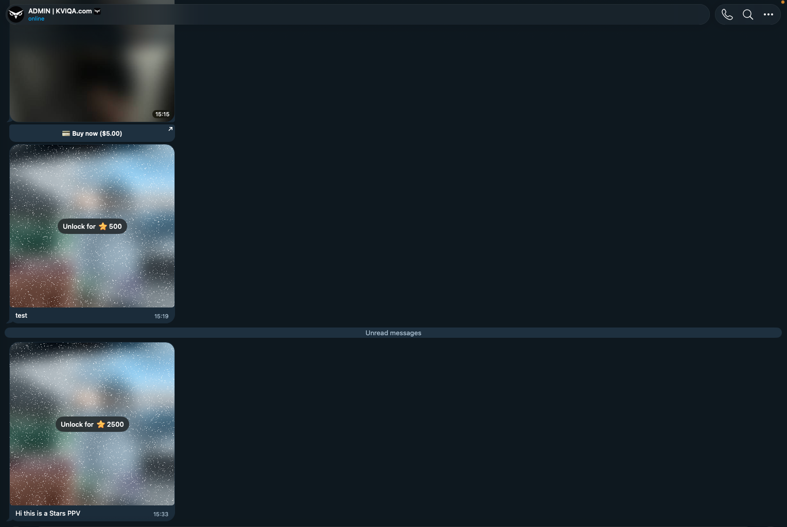 The fan's view in Telegram: two blurred paid media messages with Unlock for 500 Stars and Unlock for 2500 Stars pills, next to a classic Buy now ($5.00) checkout PPV.