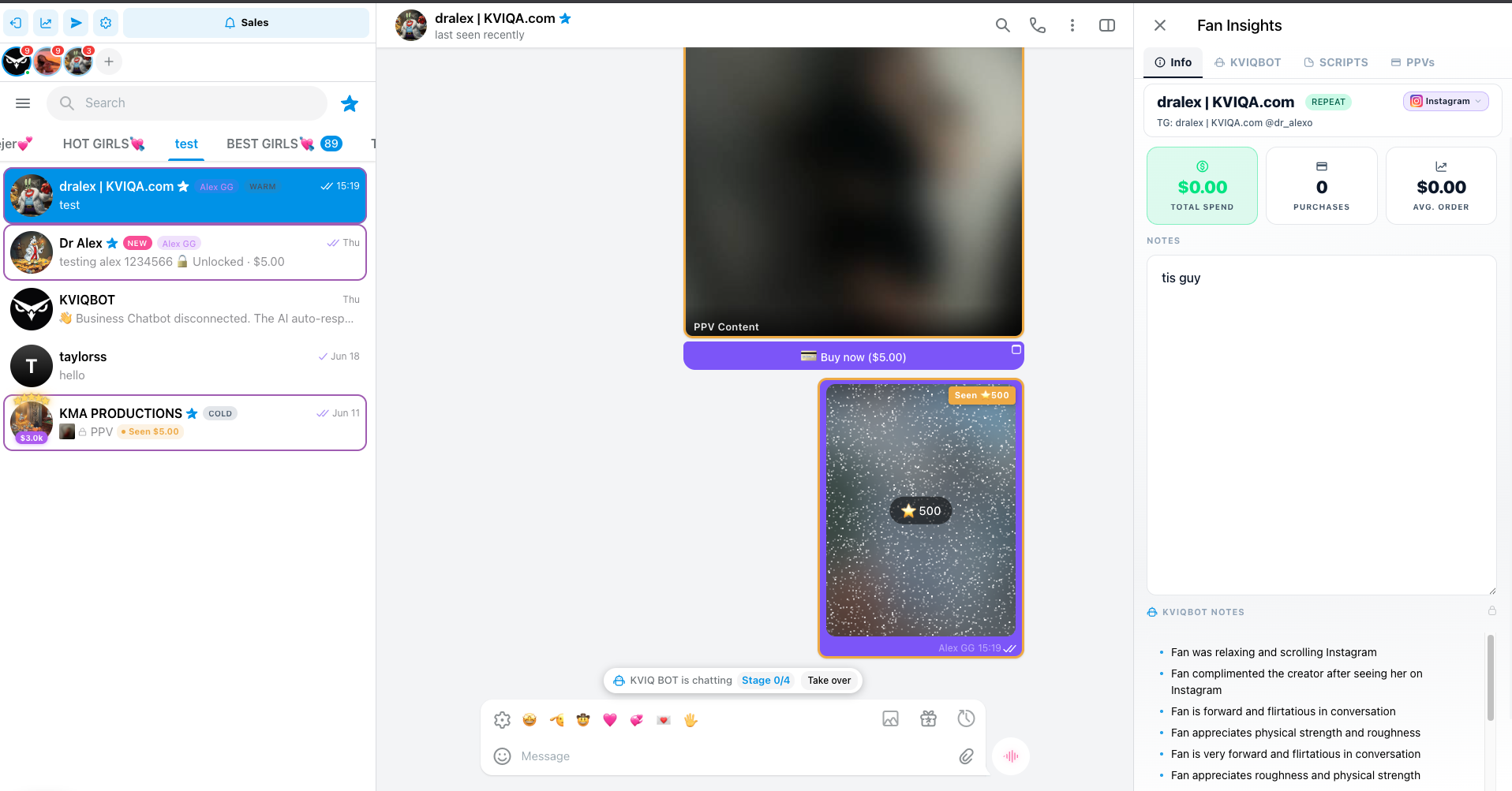 The KVIQA CRM showing a sent Stars PPV as a blurred sparkle tile with a 500 Stars pill and a Seen 500 Stars status badge, next to a classic Buy now checkout PPV, with Fan Insights open on the right.
